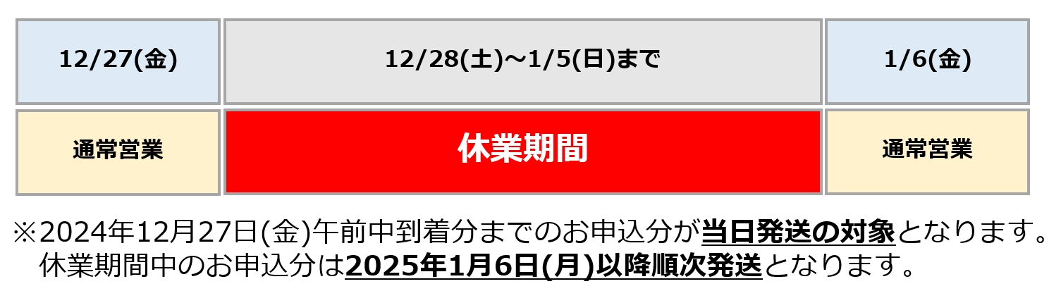 ばーら【4/13(日)発送お休み】様ご確認用 年末年始の発送業務休業に関するお知らせ - lumiera.jp